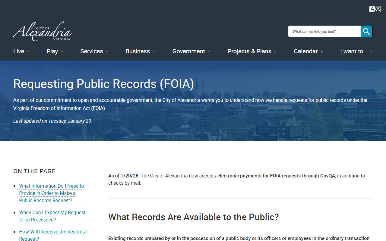 Alexandria FOIA portal for police blotter and public records requests