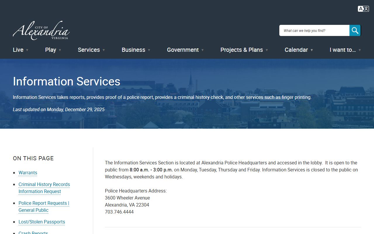 Alexandria Police Information Services division for blotter and records