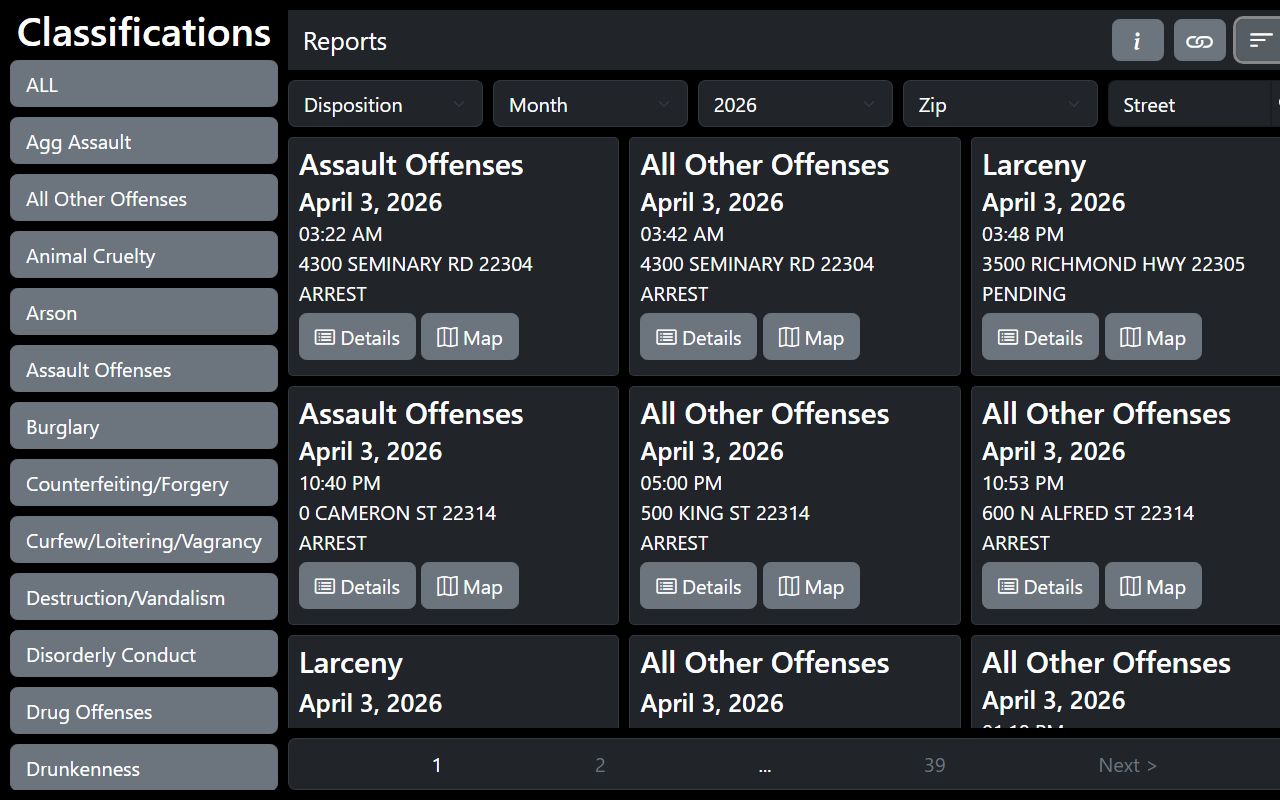 Alexandria crime data portal for searching police blotter incidents