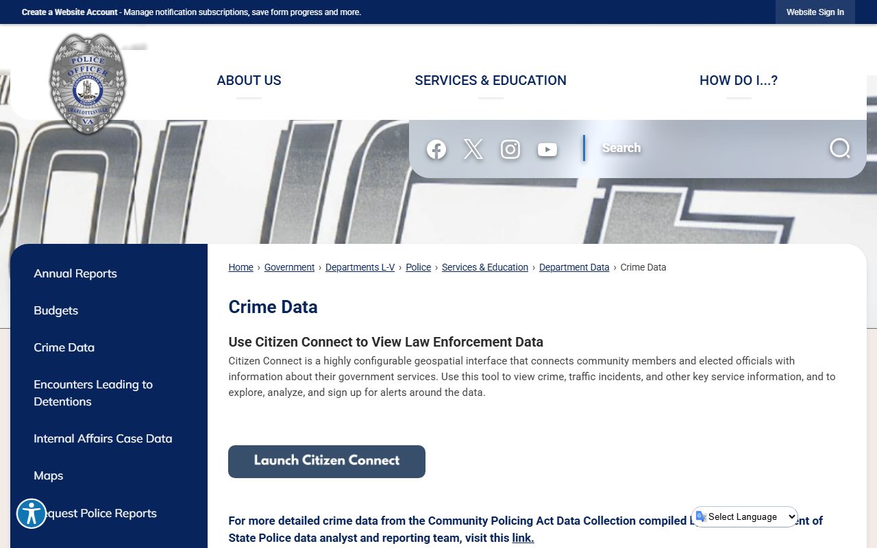 Charlottesville Police Department crime data portal for blotter records