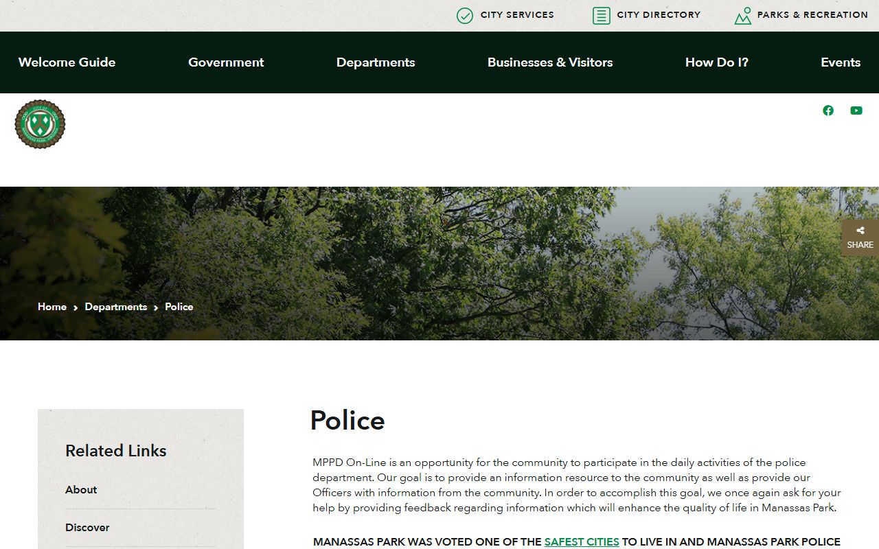 Manassas Park Police Department website for blotter records and FOIA requests