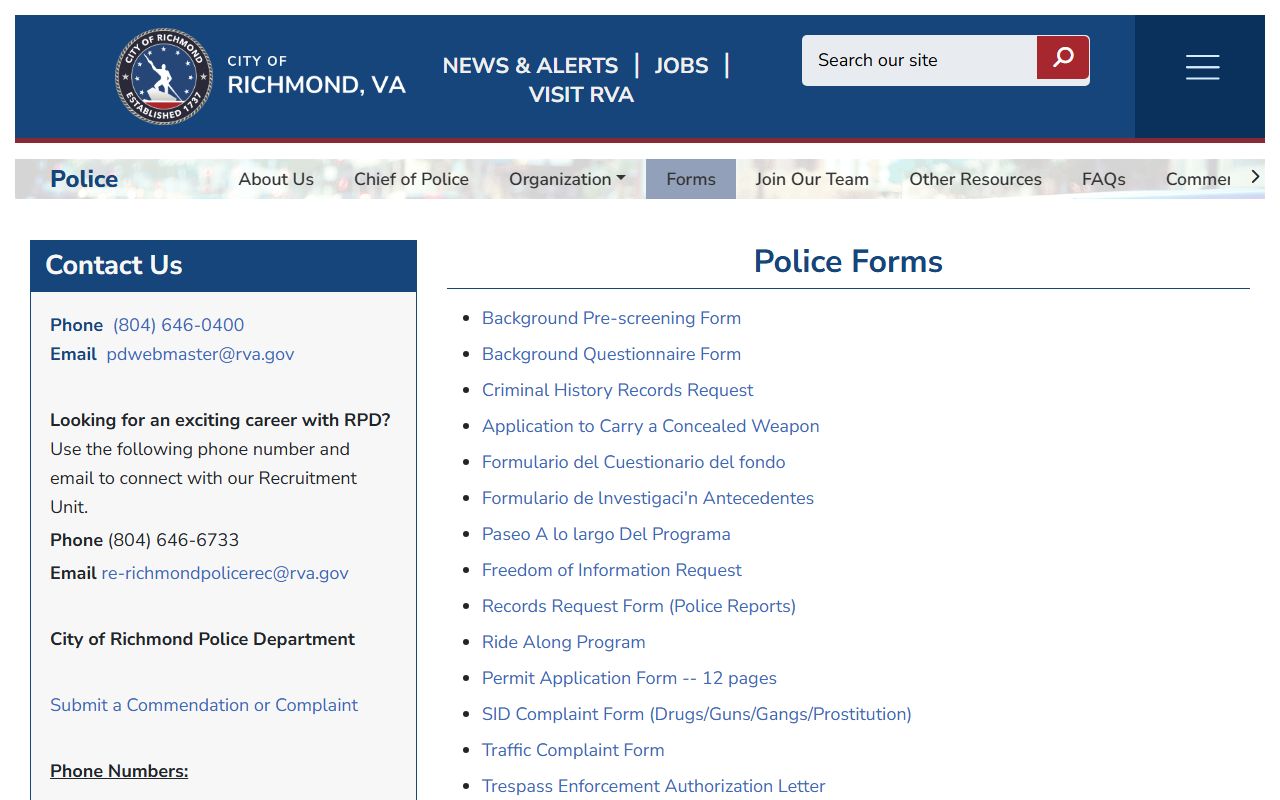 Richmond Police Department forms page for requesting police blotter records