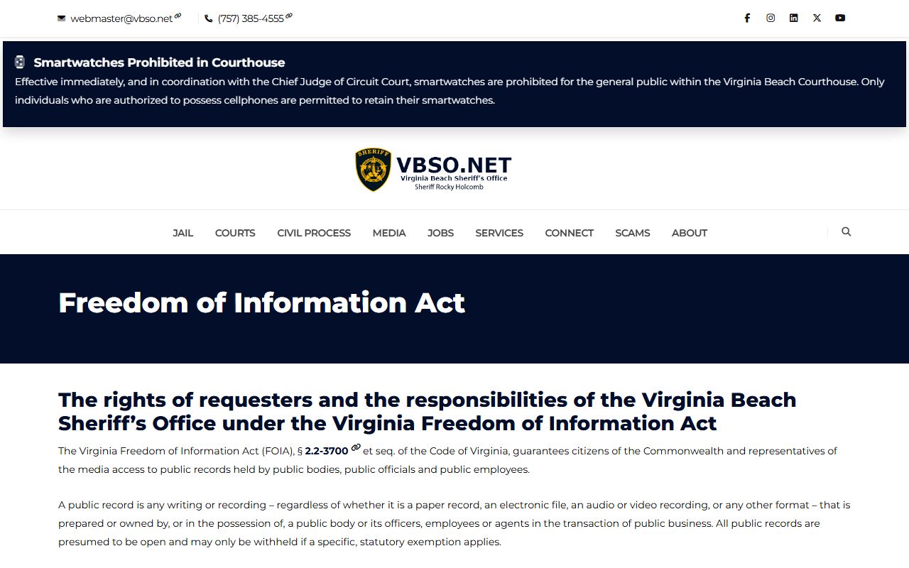 Virginia Beach Sheriff's Office FOIA page for law enforcement records