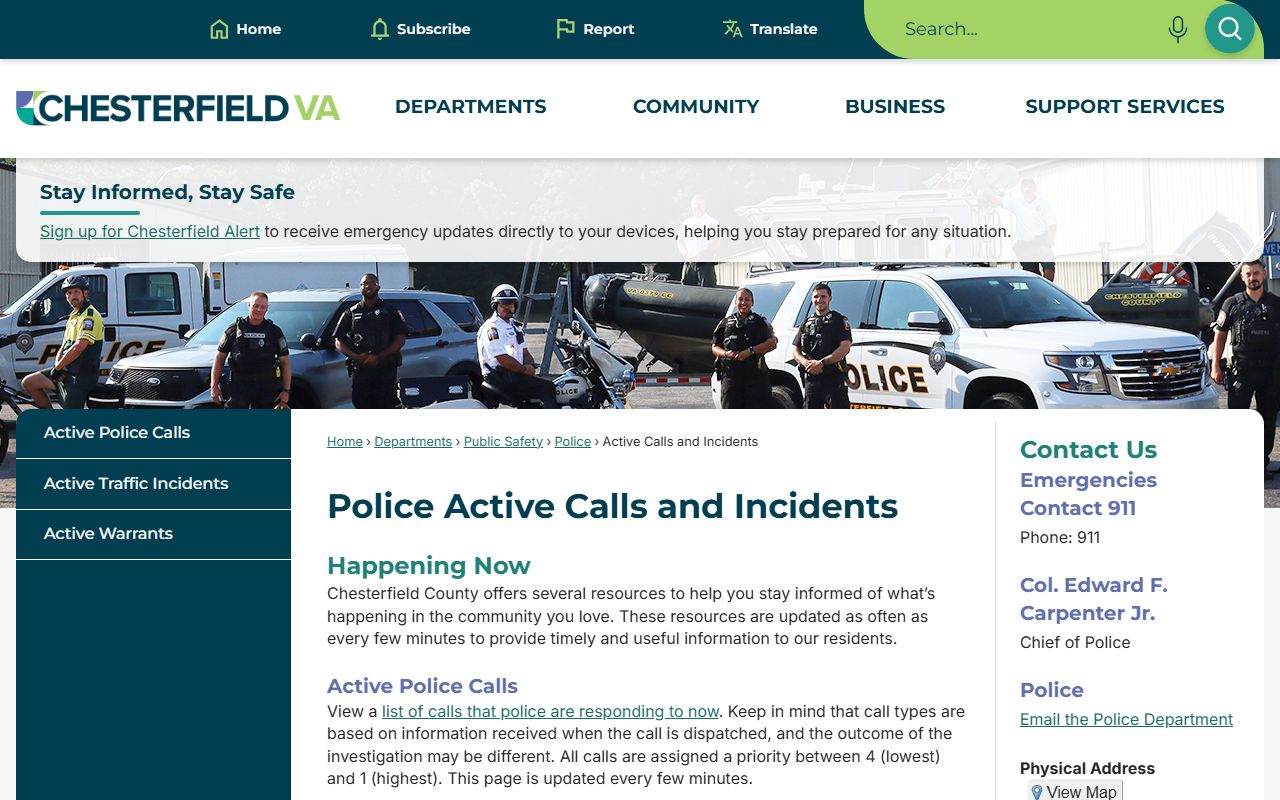 Chesterfield County active calls and incidents map for real-time police blotter data