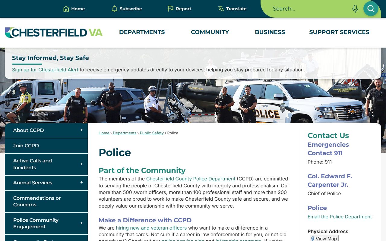 Chesterfield County Police Department website for police blotter records
