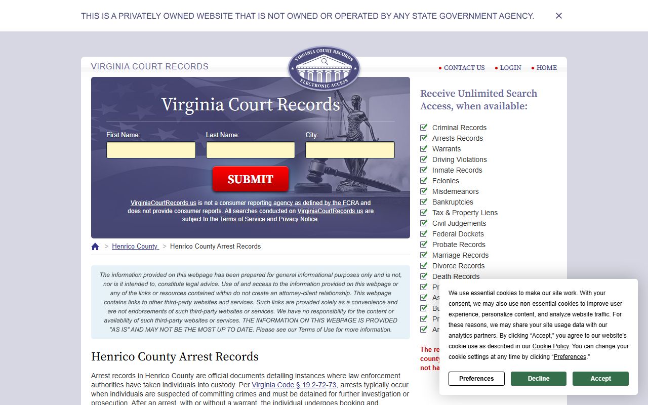 Henrico County arrest records search for police blotter data