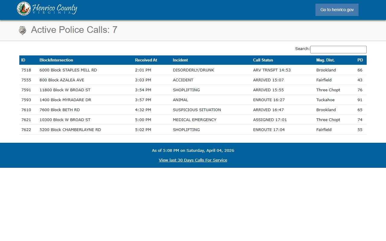Henrico County active police calls portal showing real-time blotter activity