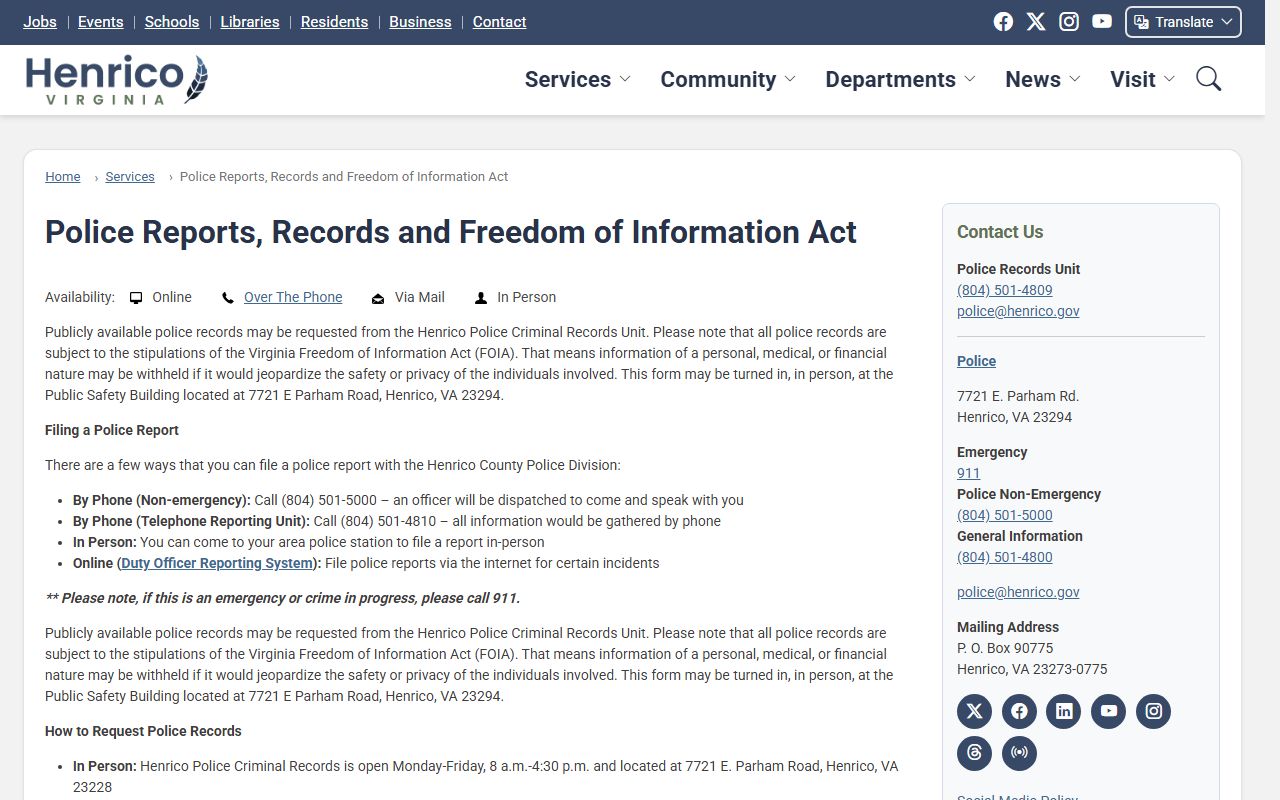 Henrico County police records request page for incident and arrest reports
