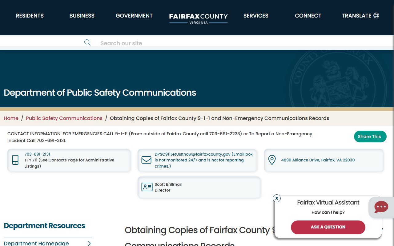 Fairfax County DPSC records portal for 911 call and dispatch records