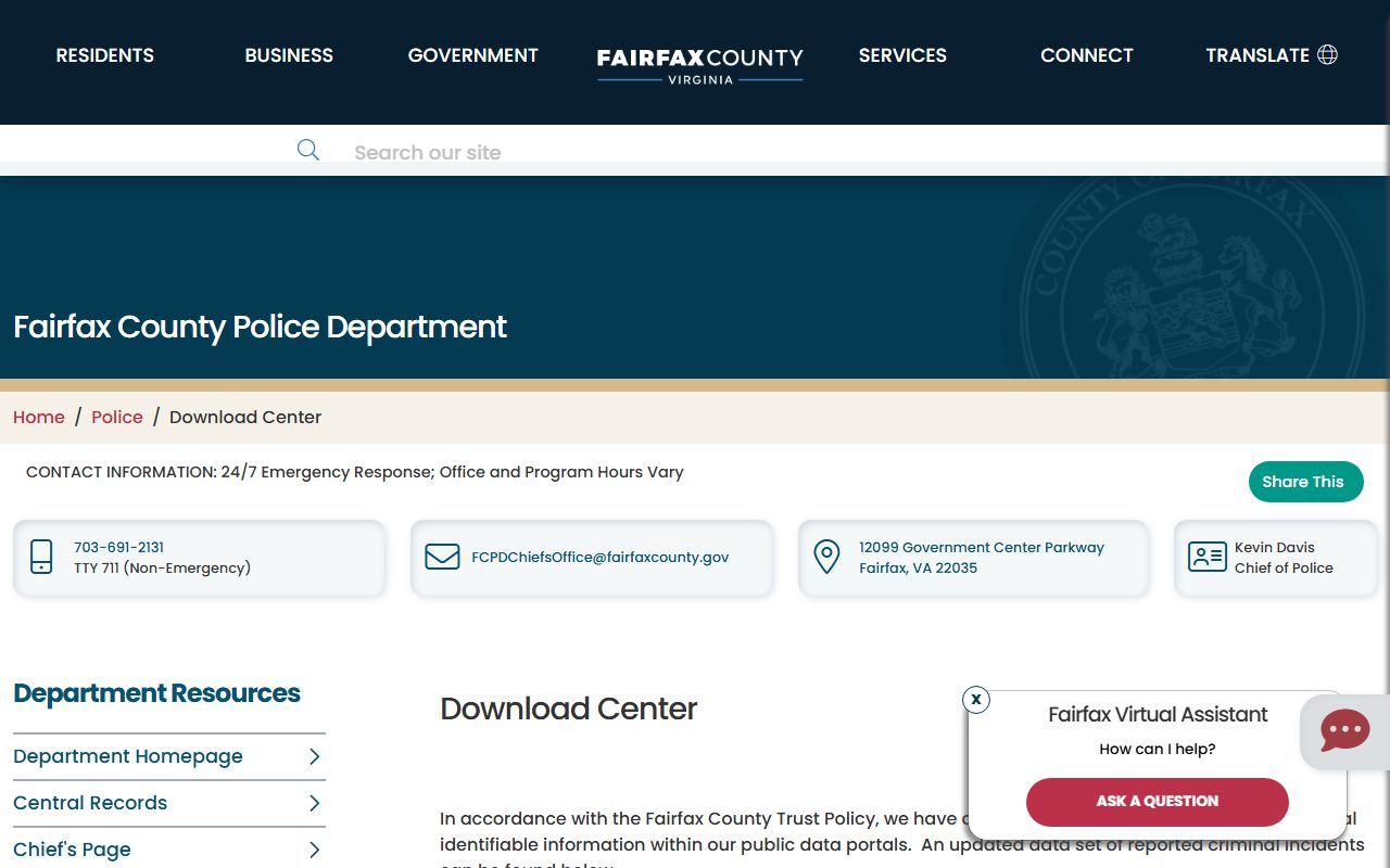 Fairfax County Police crime data download center for police blotter records