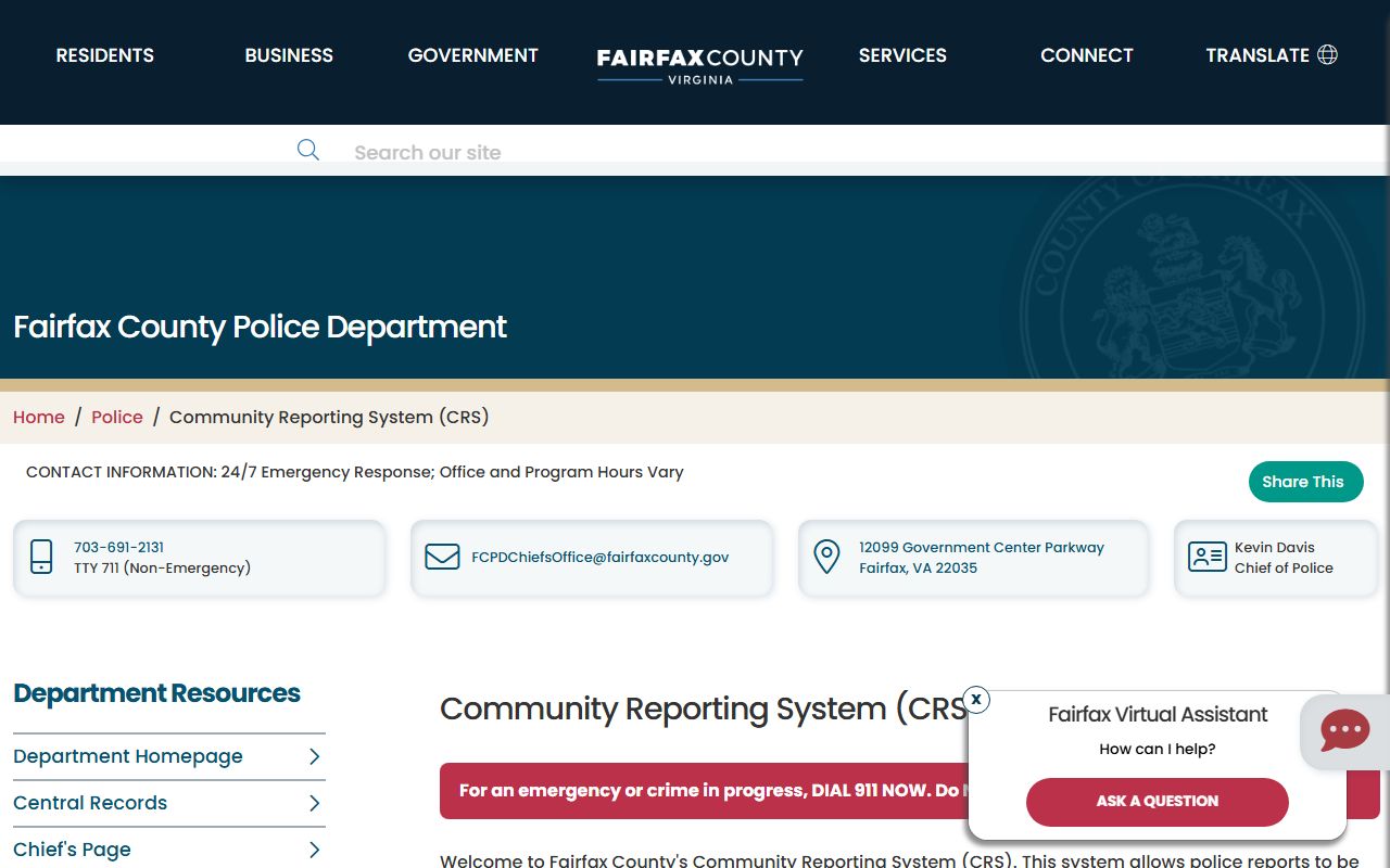 Fairfax County Police Community Reporting System for online incident reporting