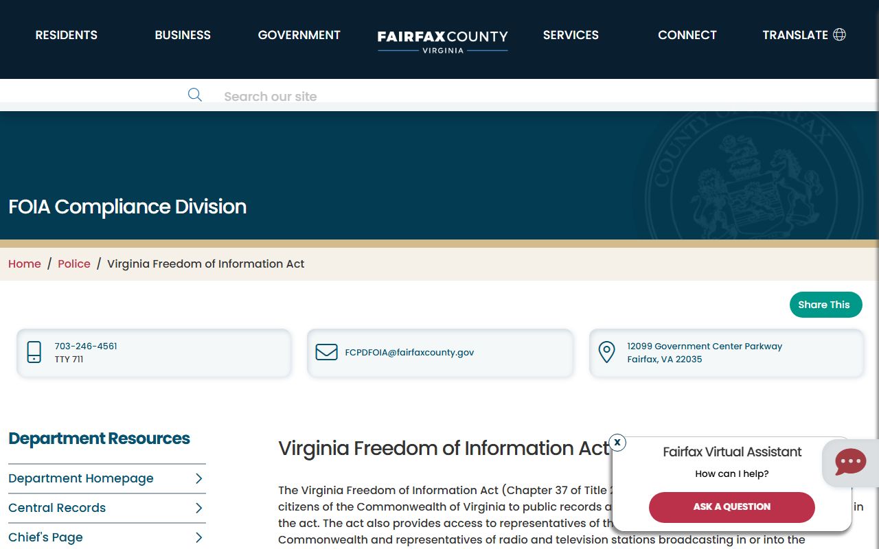 Fairfax County Police FOIA records request portal