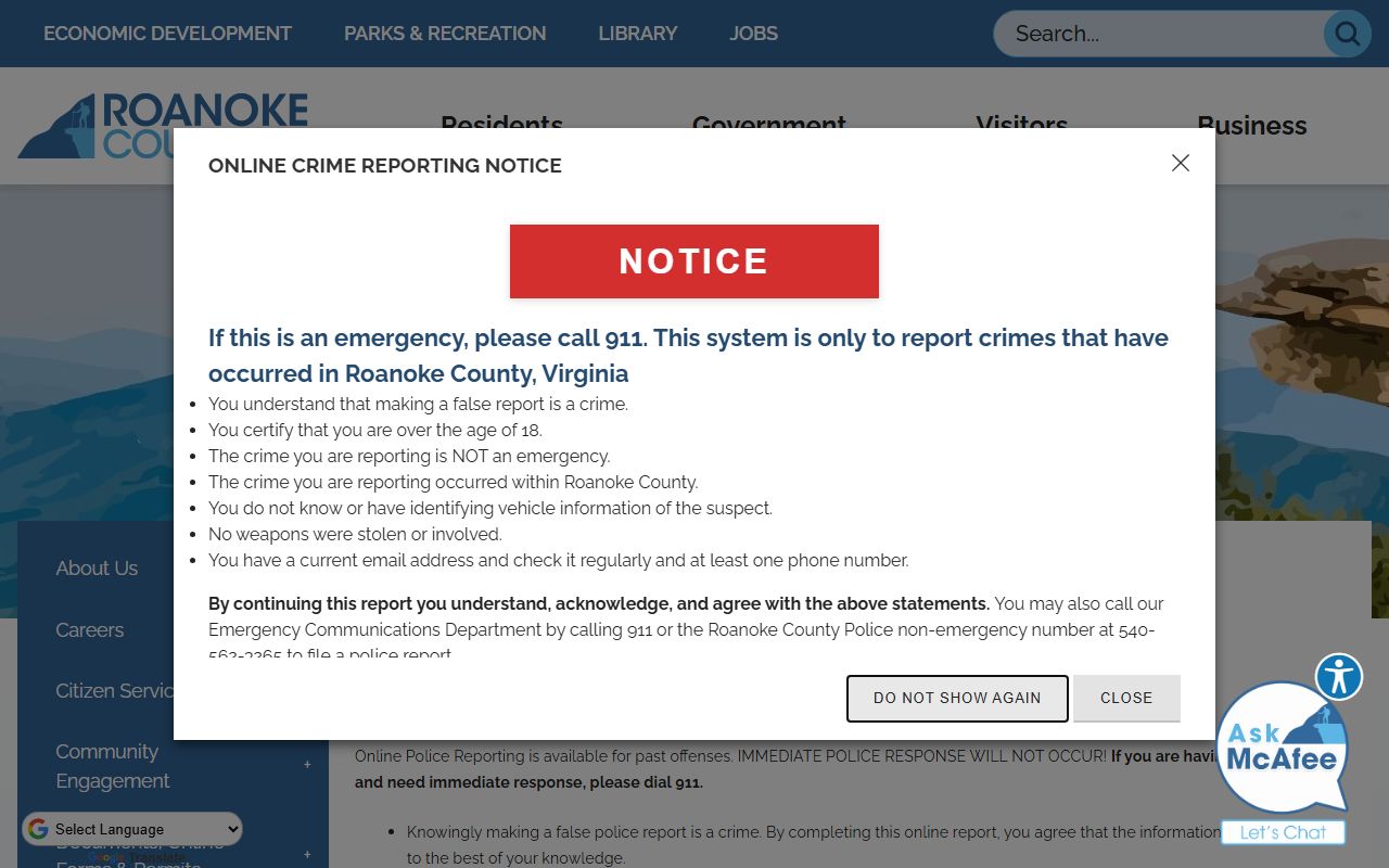 Roanoke County online crime reporting tool for non-emergency incidents