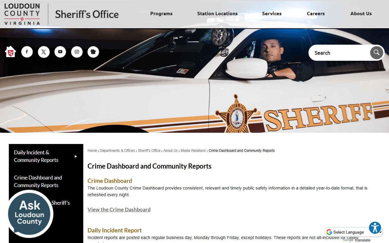 Loudoun County crime dashboard showing police blotter data and community reports