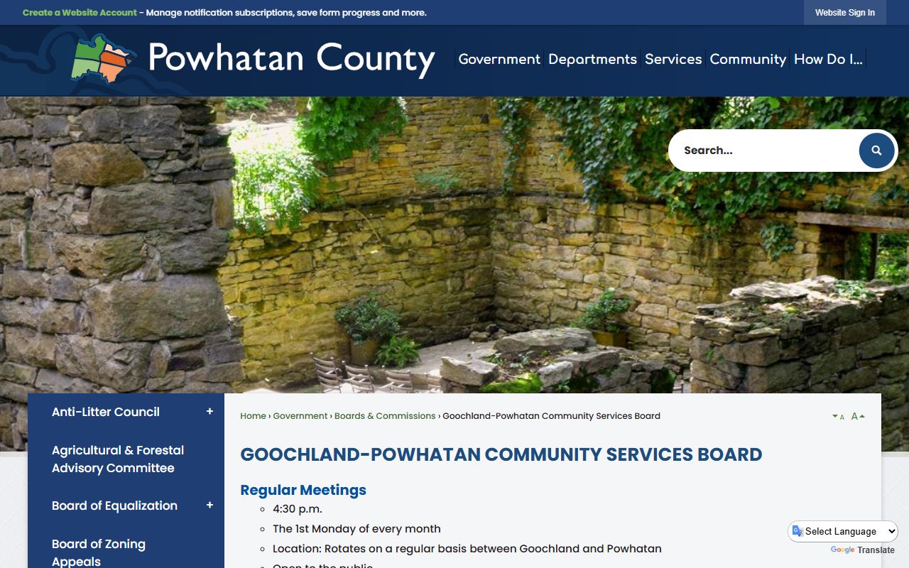 Powhatan County Sheriff's Office website showing contact and records information