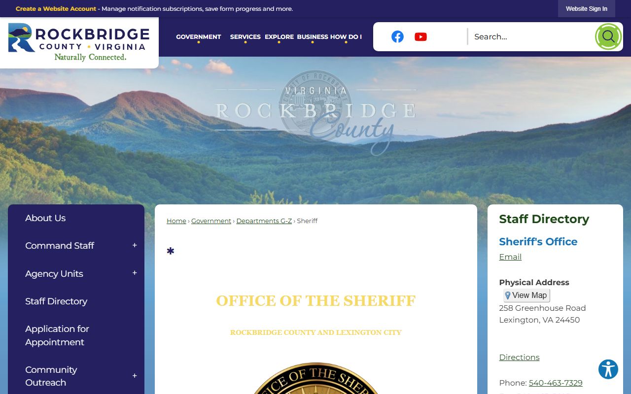 Rockbridge County Sheriff's Office website for police blotter and records access