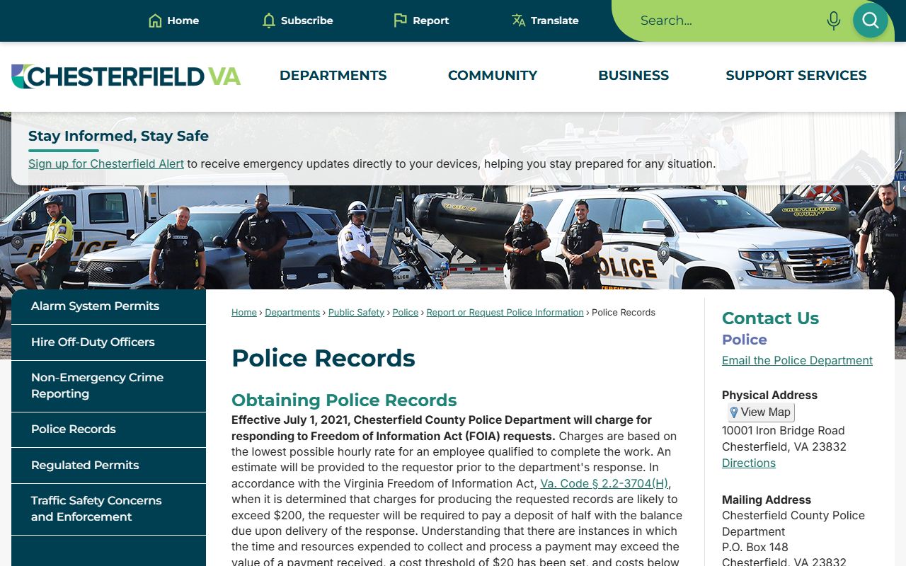 Chesterfield County Virginia police records and FOIA information