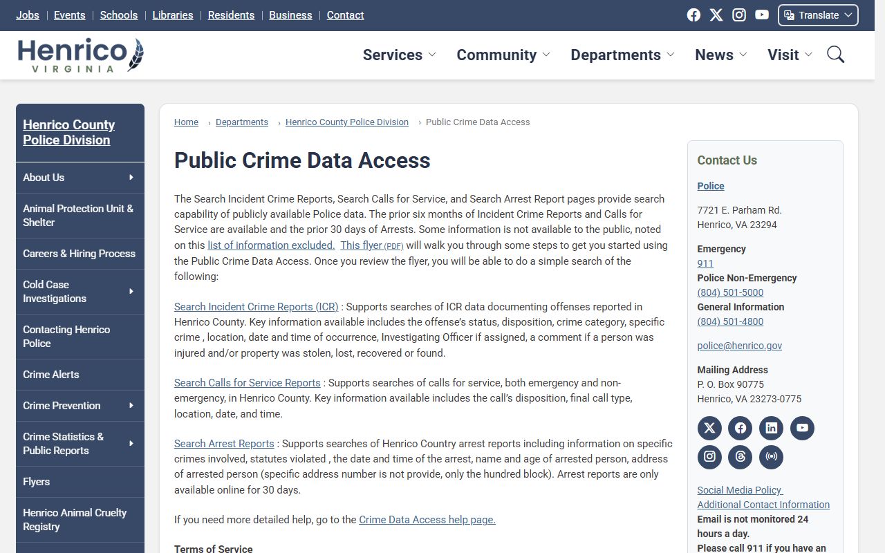 Henrico County Virginia police public data access