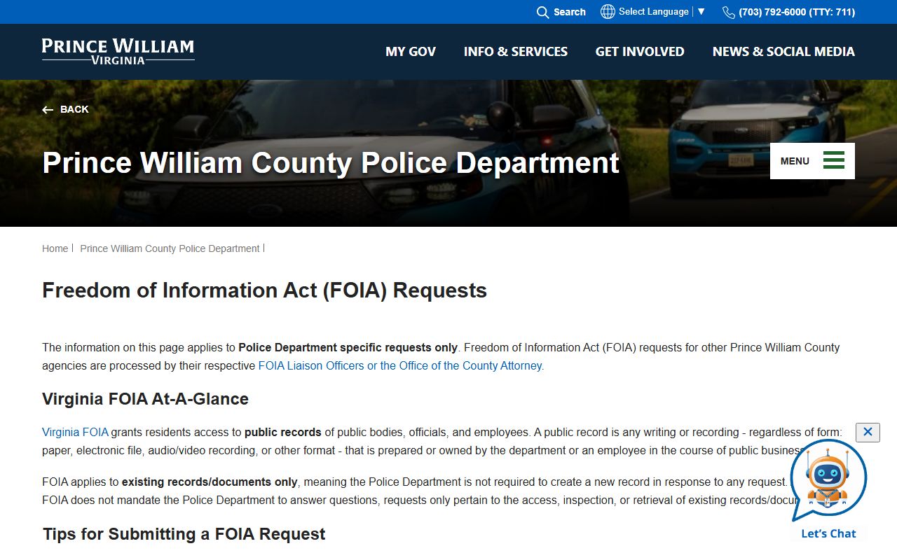 Prince William County Virginia police FOIA request process
