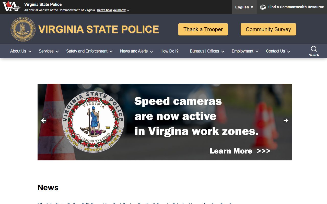 Virginia State Police official website Virginia police blotter